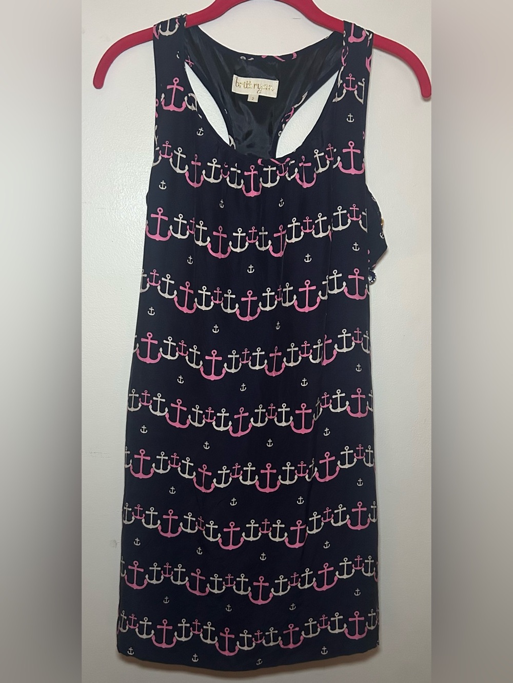 Britt Ryan 100% Silk Anchor Print Shift Dress Size 2 Navy Pink‎ Nautical